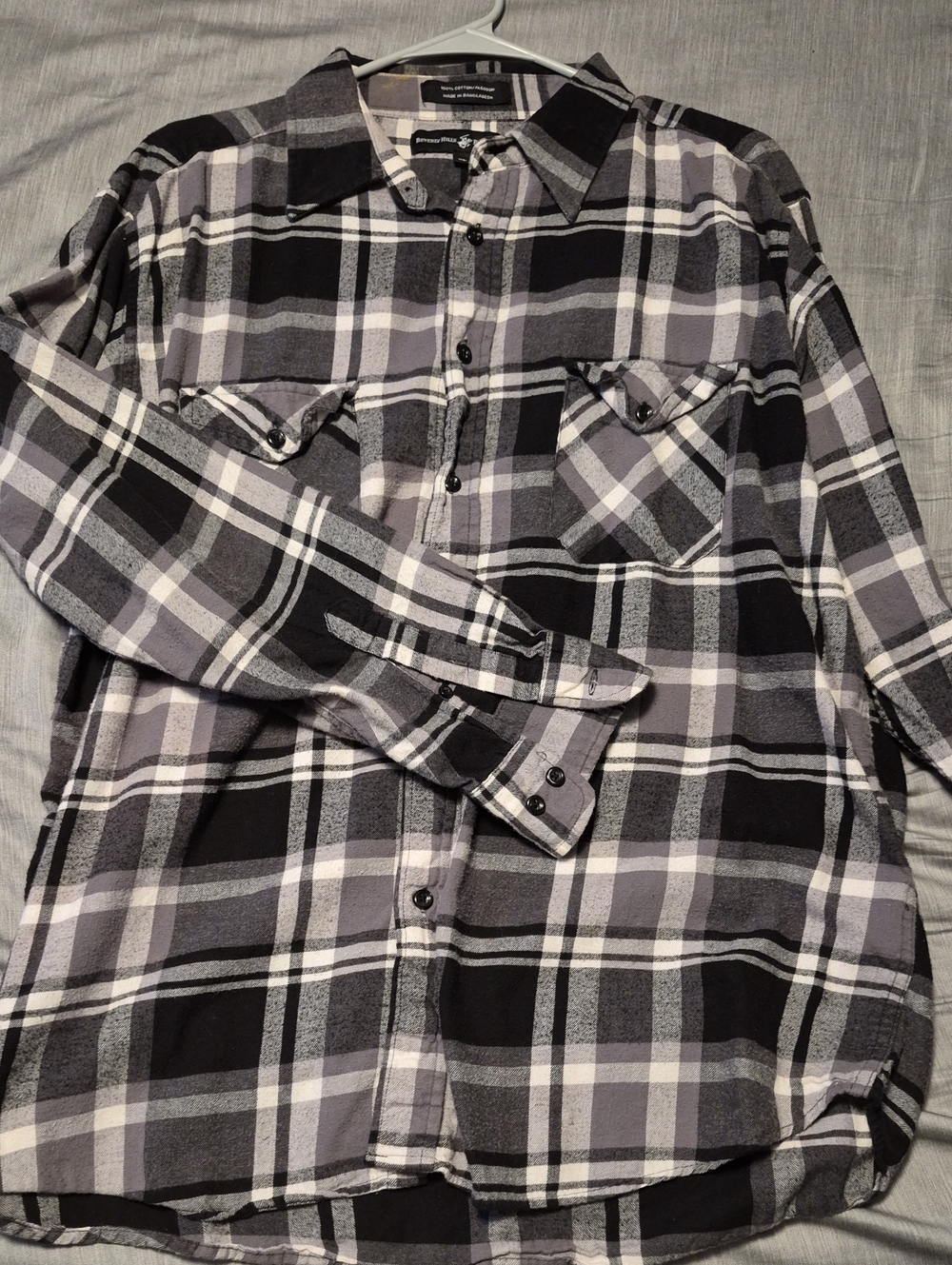 Beverly Hills Polo Club Black, Gray and White Plaid Button-Down Shirt